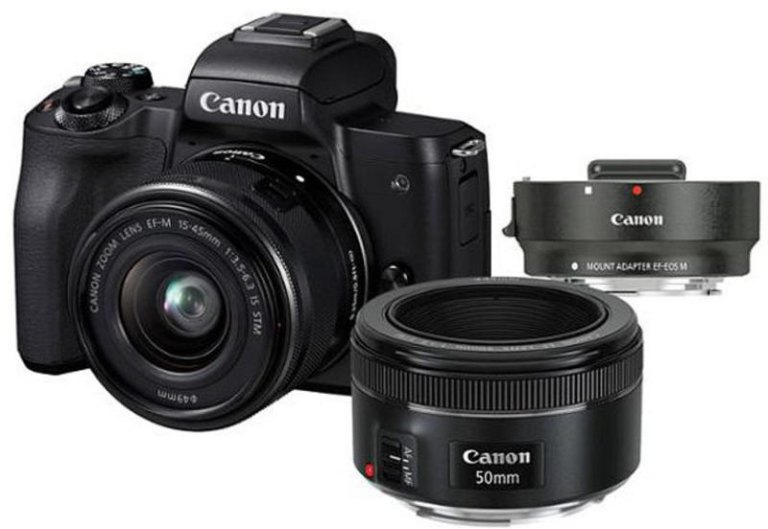 Canon EOS M50 + EF-M 15-45mm IS STM + EF 50mm STM + EF-EOS M Adapter + Kiegészítők